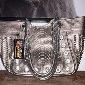 Handbag Express Silver Metallic Studded Large Crescent Shoulder Bag